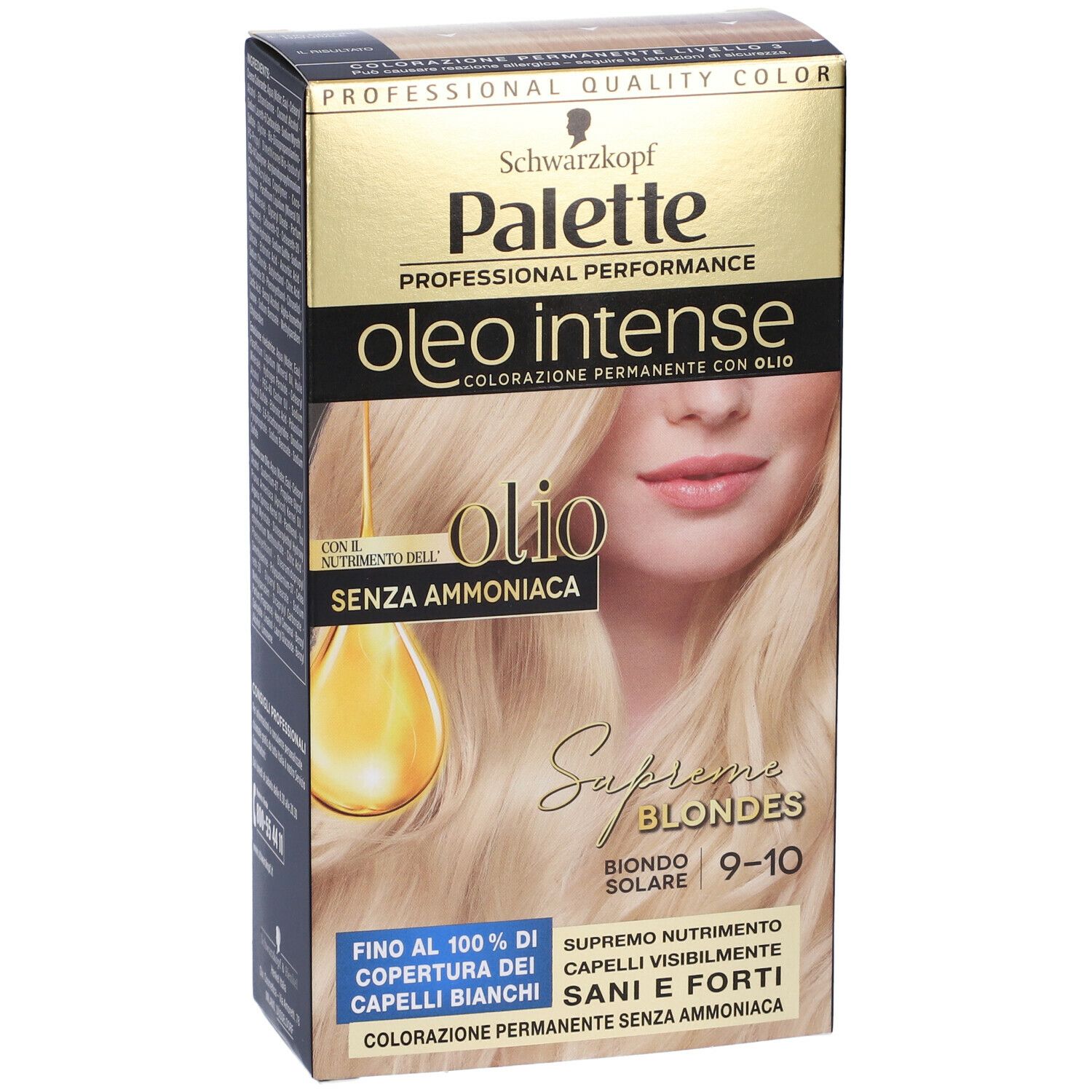 Schwarzkopf Palette Oleo Intense 9-10 Biondo Solare. Confezione di tinta, vista obliqua. Immagine del prodotto, modella e dettagli testuali.