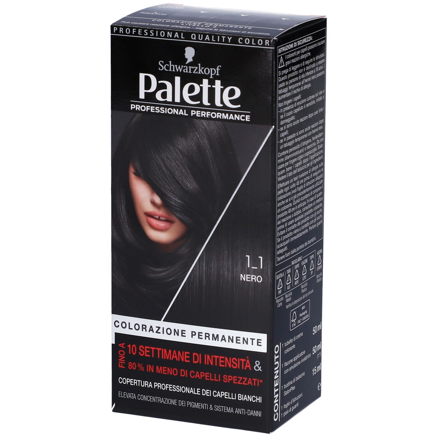 Schwarzkopf Palette 1-1 Nero. Scatola nera, immagine del prodotto, testo. Vista obliqua.