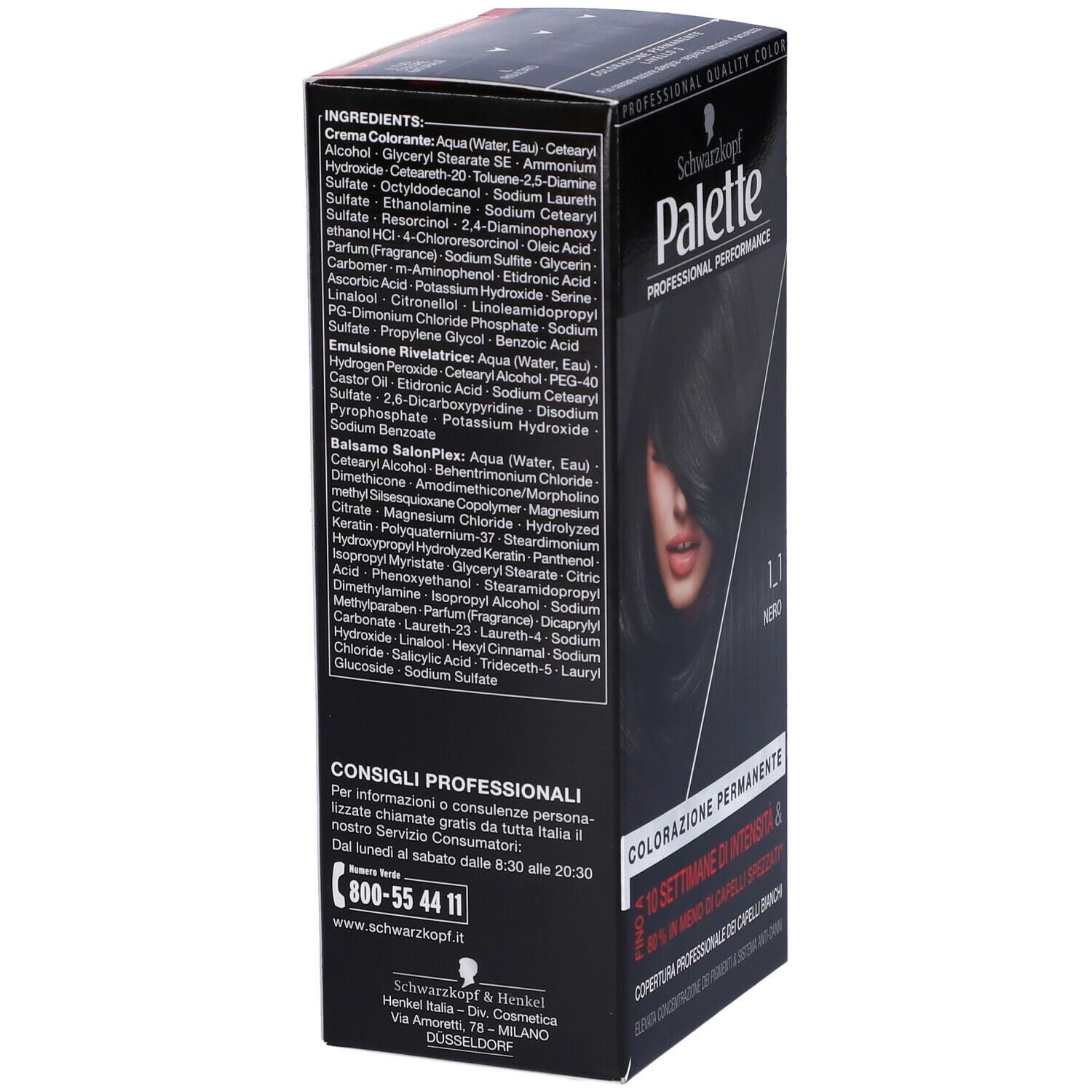 Schwarzkopf Palette 1-1 Nero. Scatola nera, ingredienti e testo. Vista laterale.