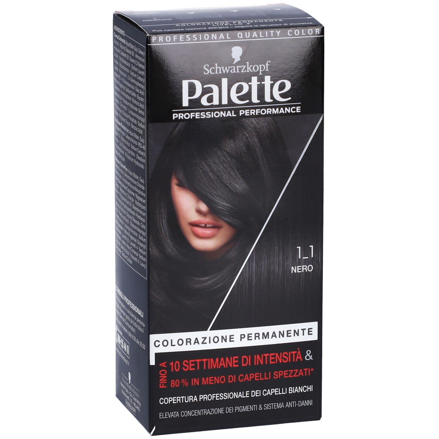 Schwarzkopf Palette 1-1 Nero. Scatola nera, immagine del prodotto, testo. Vista frontale.