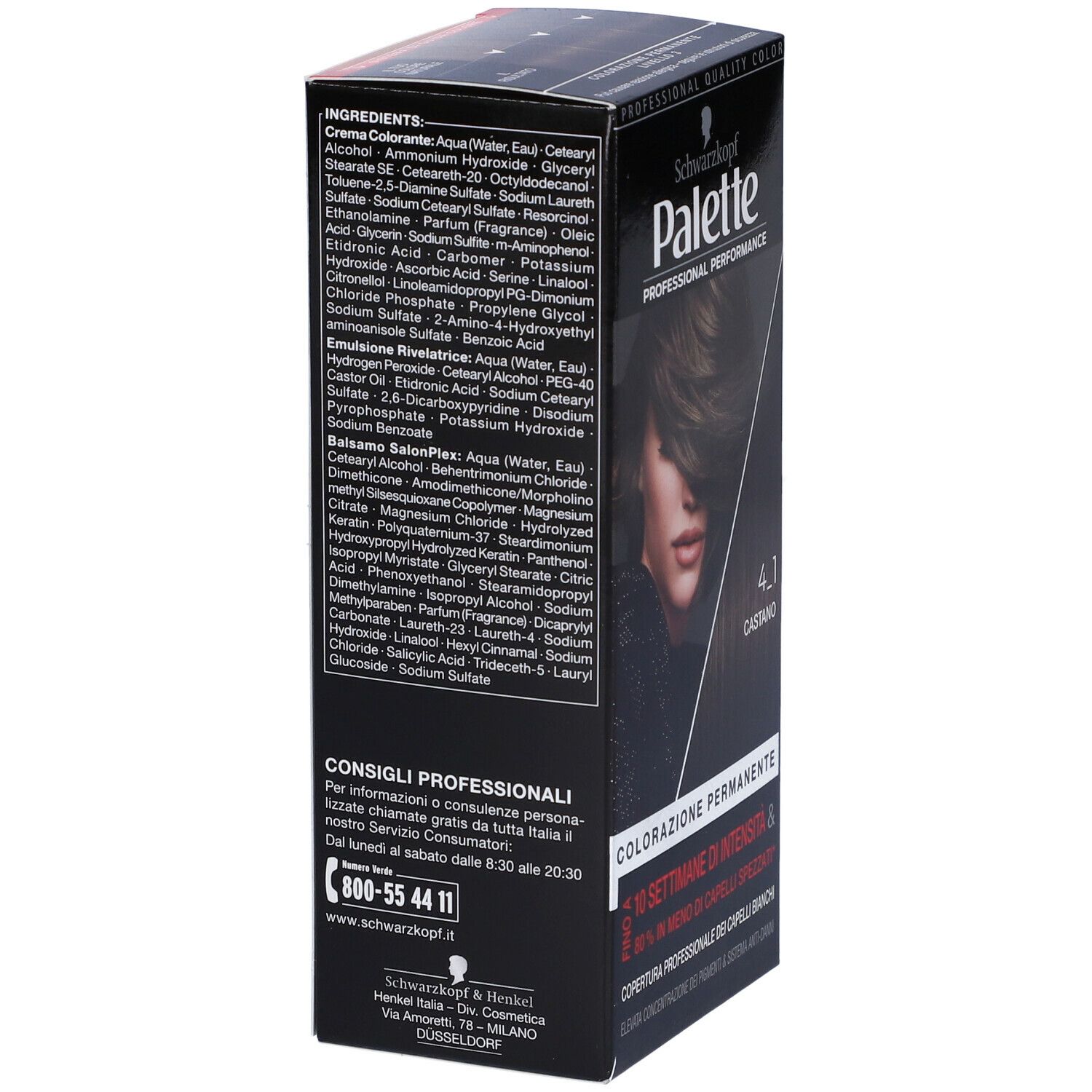Retro della scatola Schwarzkopf Palette 4-1 Castano. Ingredienti e contatti.