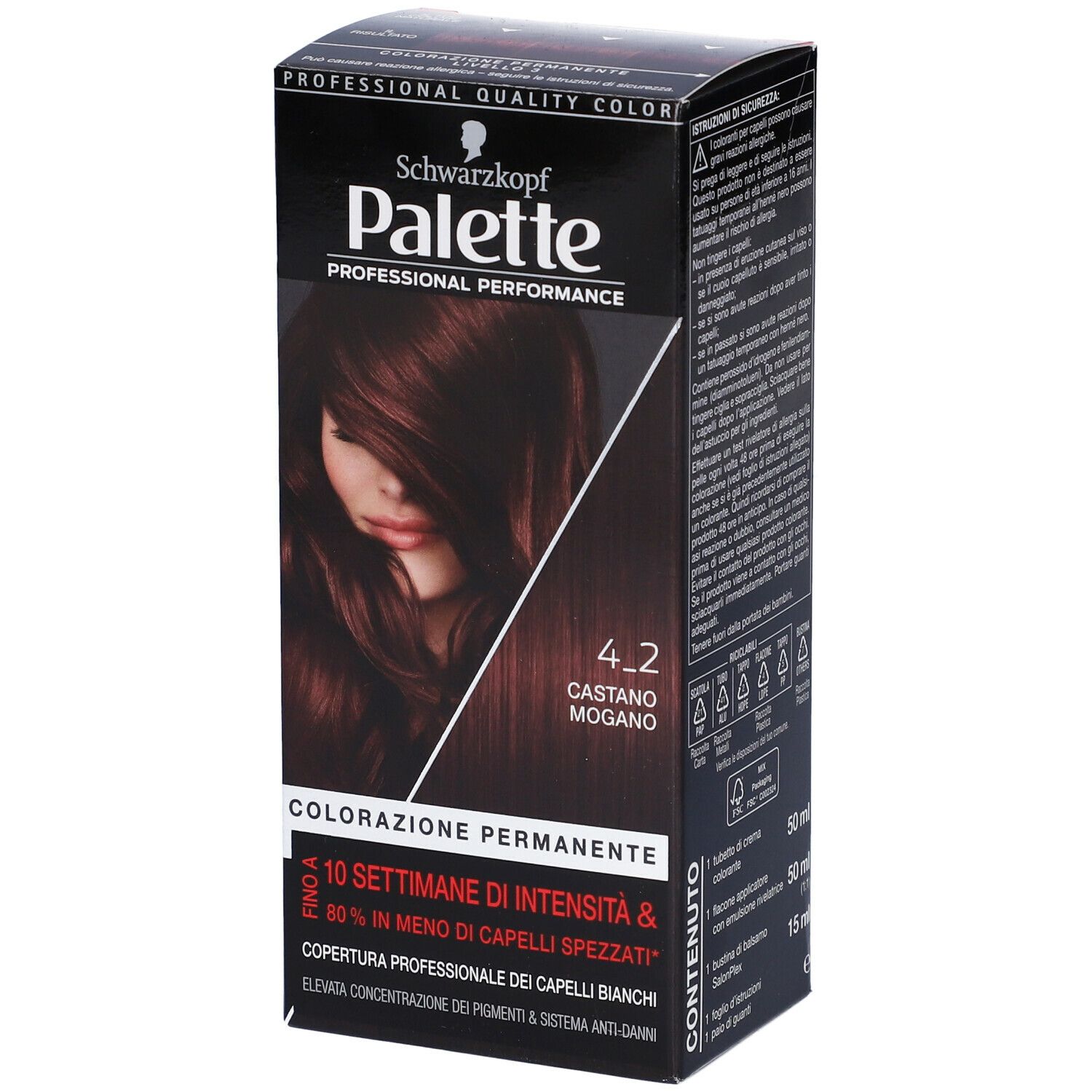 Schwarzkopf Palette 4-2 Castano Mogano. Confezione nera con immagine e testo. Vista laterale.