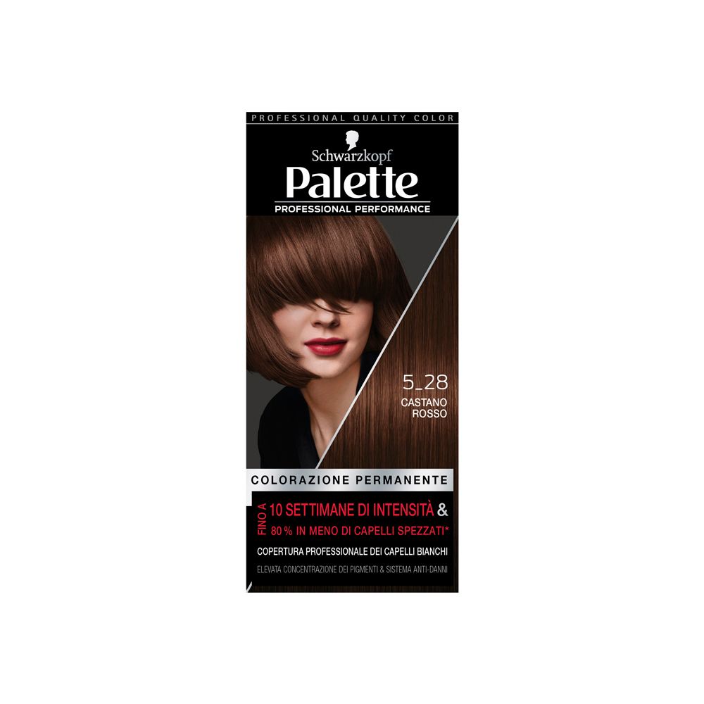 Schwarzkopf Palette Tinta Capelli 5-28 Castano Rosso. Confezione colore con immagine di donna con capelli castani. Testo: Colorazione Permanente.
