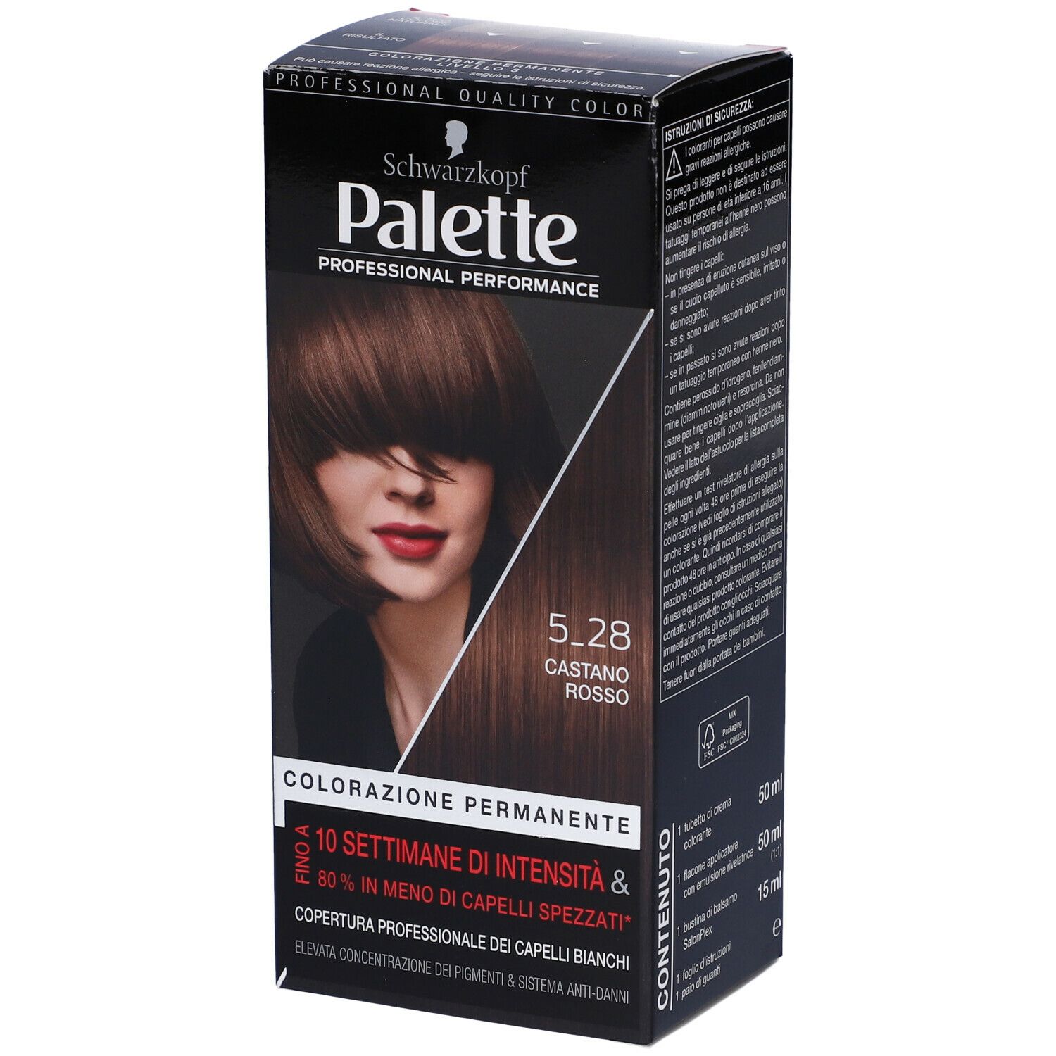 Schwarzkopf Palette Tinta Capelli 5-28 Castano Rosso. Confezione colore, vista frontale e laterale. Testo: Colorazione Permanente, 10 settimane di intensità.