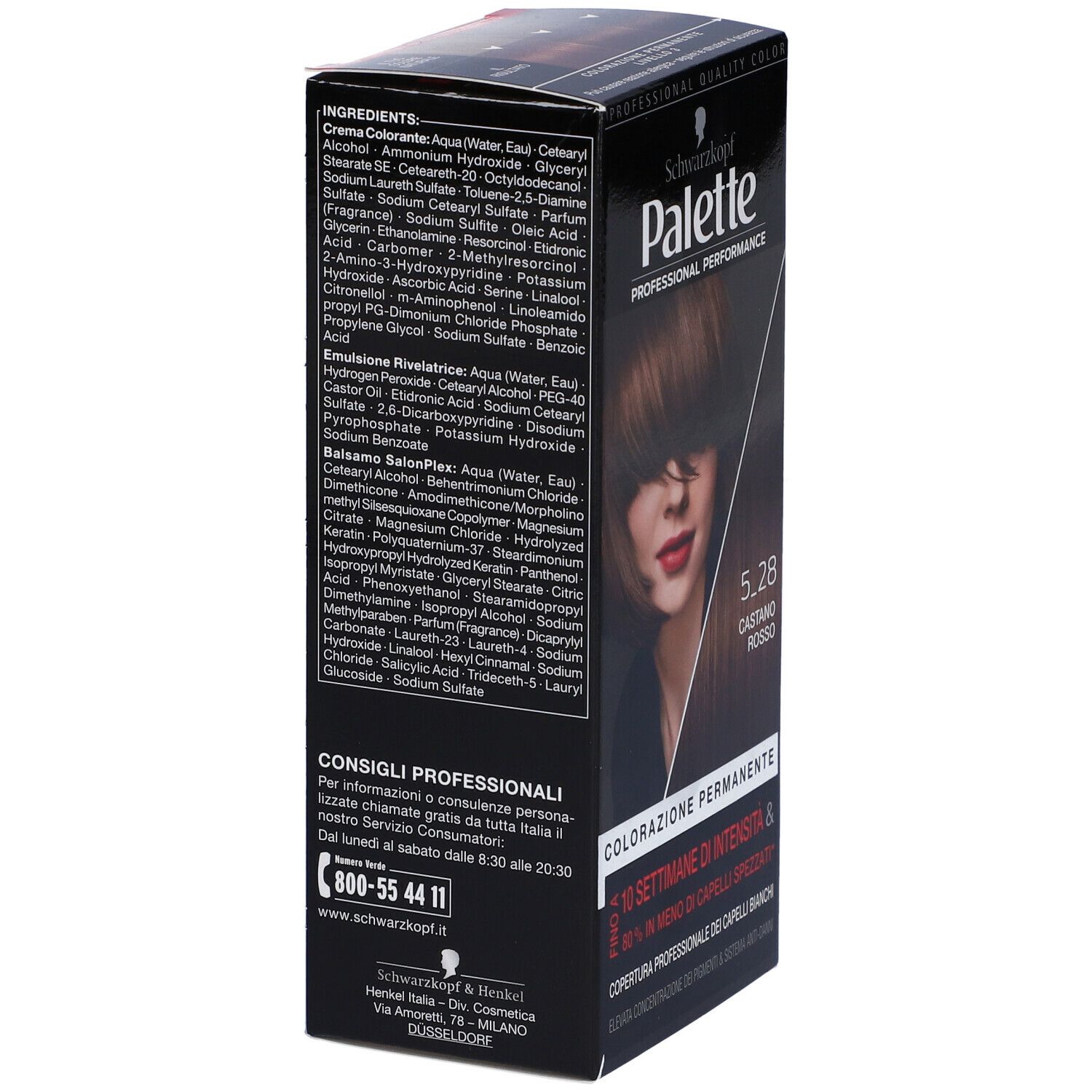 Schwarzkopf Palette Tinta Capelli 5-28 Castano Rosso. Confezione colore, retro con ingredienti e testo. Testo: Colorazione Permanente, 10 settimane di intensità.