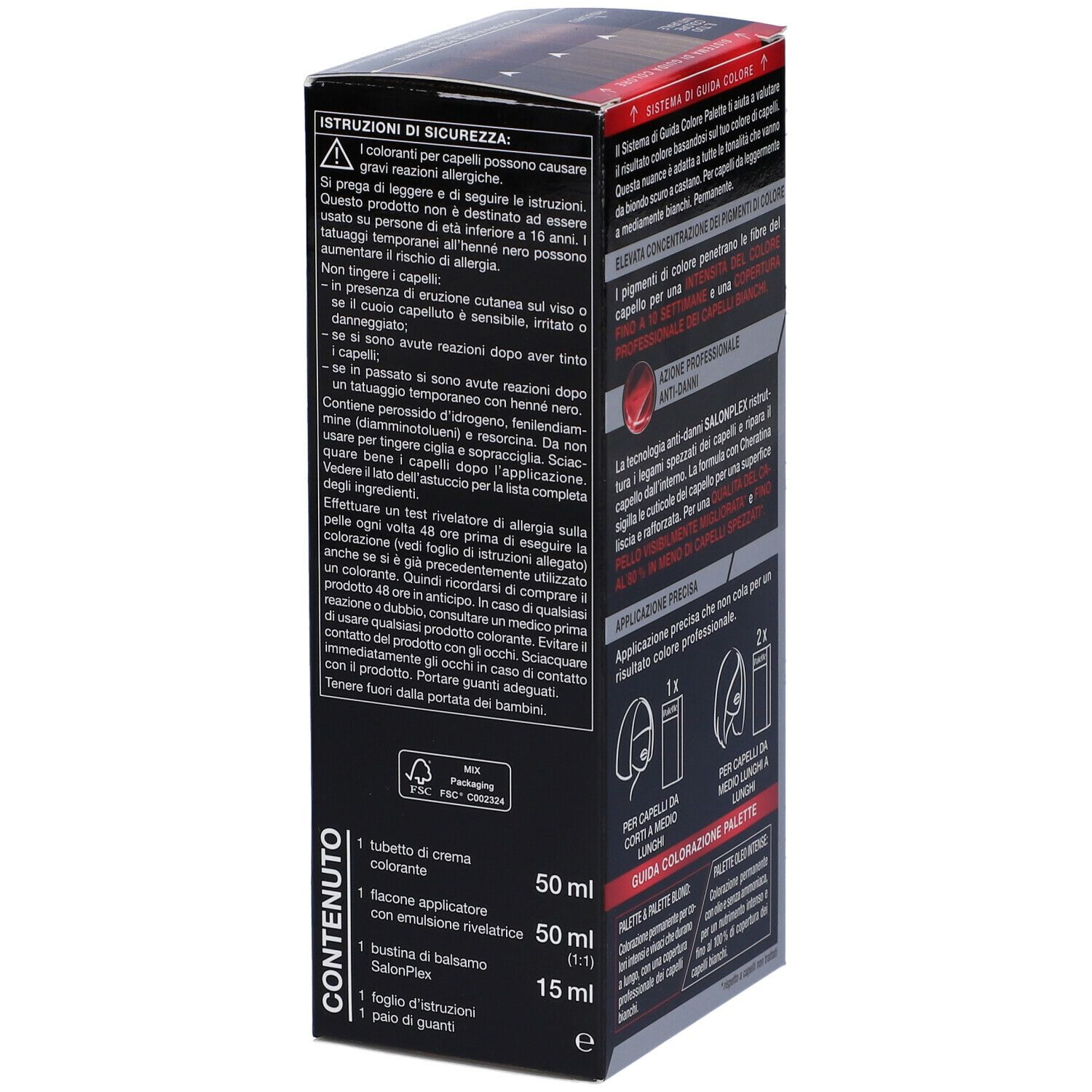 Schwarzkopf Palette Tinta Capelli 5-28 Castano Rosso. Confezione colore, retro con informazioni di sicurezza. Testo: Colorazione Permanente, 10 settimane di intensità.