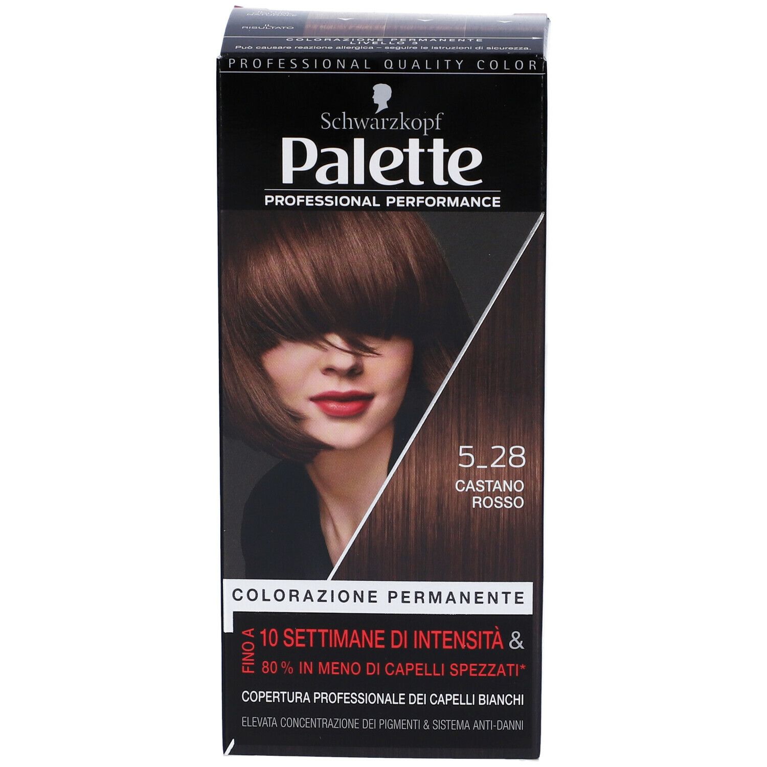 Schwarzkopf Palette Tinta Capelli 5-28 Castano Rosso. Confezione colore, vista frontale. Testo: Colorazione Permanente, 10 settimane di intensità.