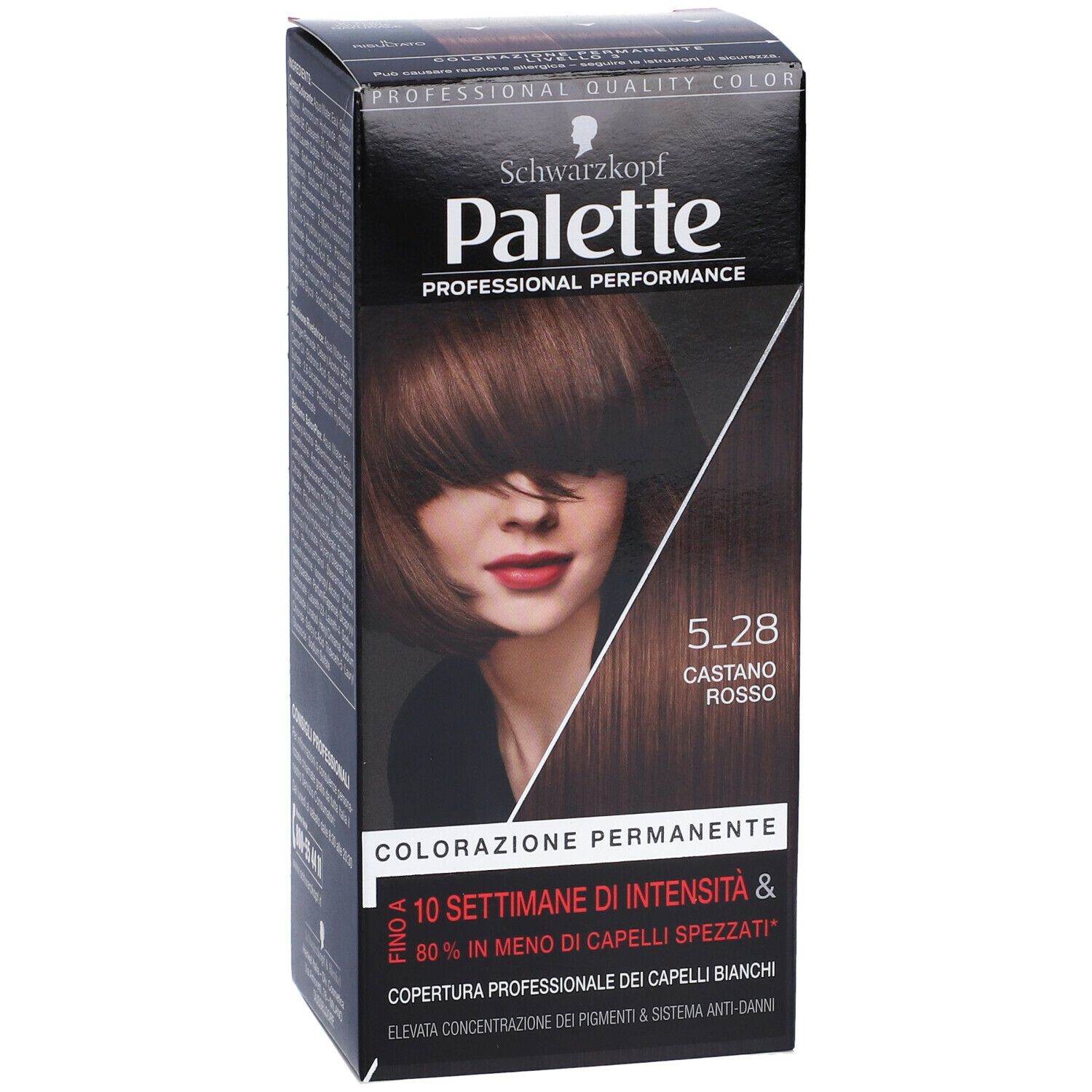 Schwarzkopf Palette Tinta Capelli 5-28 Castano Rosso. Confezione colore, vista frontale. Testo: Colorazione Permanente, 10 settimane di intensità.