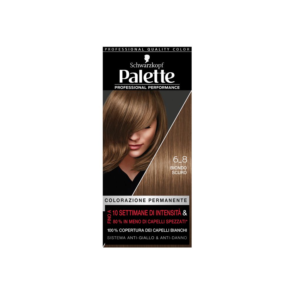 Schwarzkopf Palette 6-8 Biondo Scuro. Confezione con immagine del prodotto e indicazione del colore.