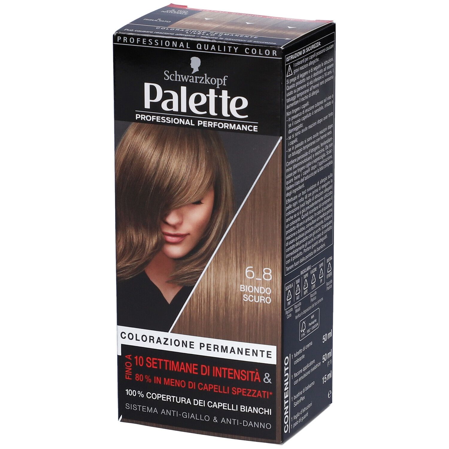 Schwarzkopf Palette 6-8 Biondo Scuro. Confezione, vista laterale con testo e immagine del prodotto.