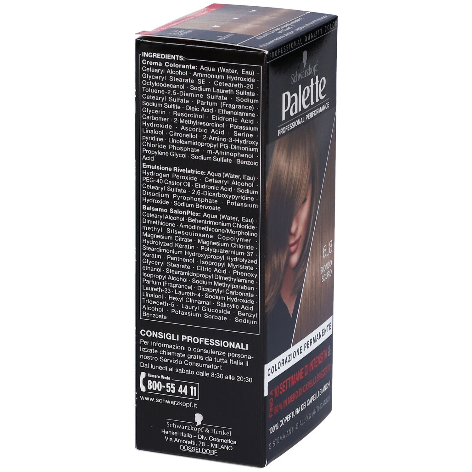 Schwarzkopf Palette 6-8 Biondo Scuro. Confezione, retro con ingredienti e consigli professionali.
