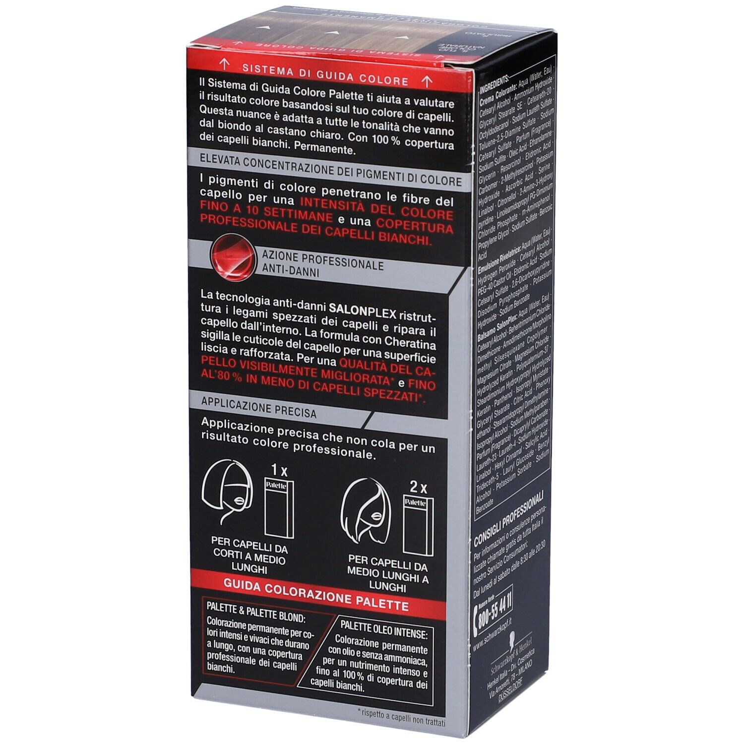 Schwarzkopf Palette 6-8 Biondo Scuro. Confezione, lato con istruzioni per l'uso e risultati di colore.