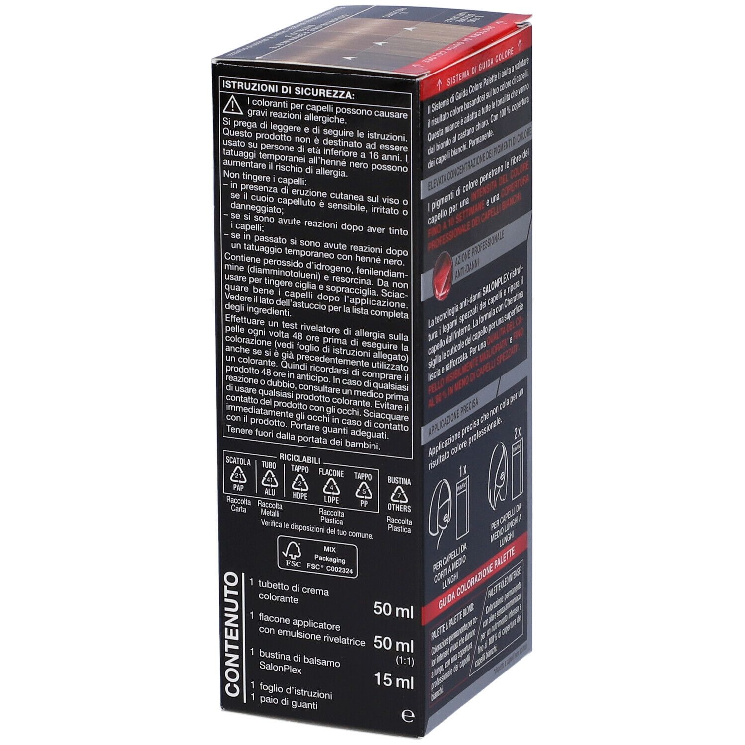 Schwarzkopf Palette 6-8 Biondo Scuro. Confezione, lato con informazioni di sicurezza e contenuto.
