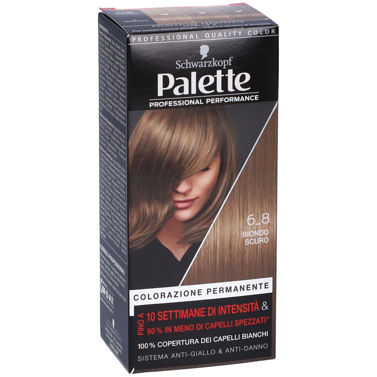 Schwarzkopf Palette 6-8 Biondo Scuro. Confezione, vista frontale con immagine del prodotto e tonalità.