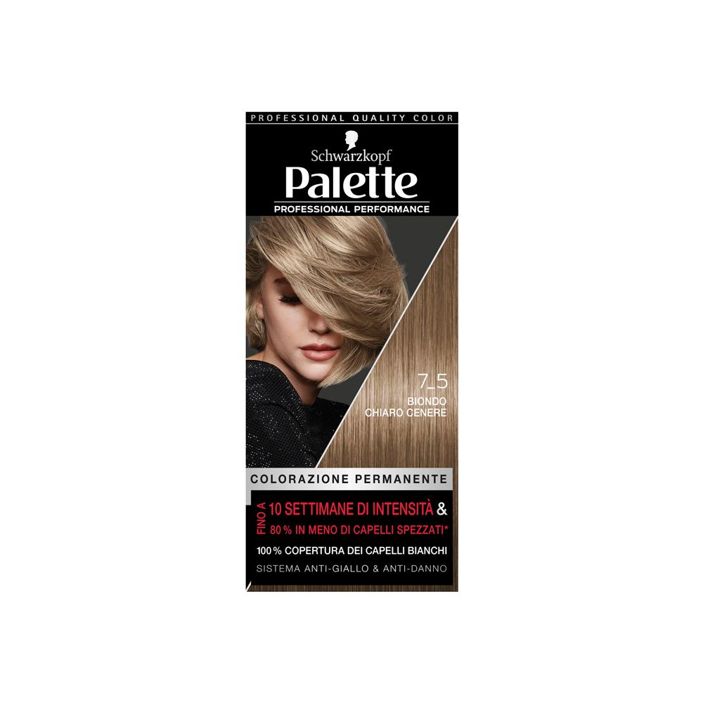 Schwarzkopf Palette 7-5 Biondo Chiaro Cenere. Confezione con immagine del prodotto e indicazione del colore.