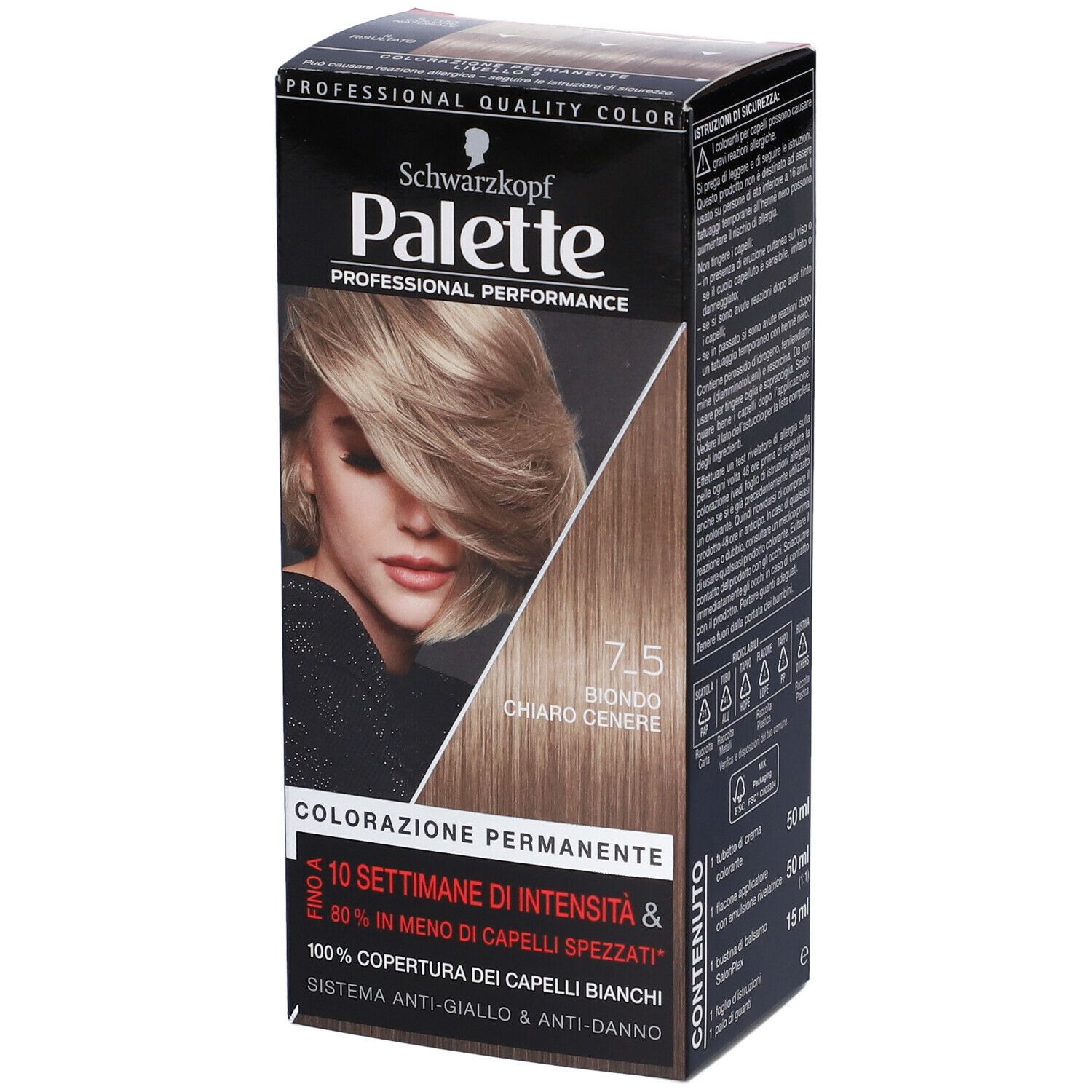 Schwarzkopf Palette 7-5 Biondo Chiaro Cenere. Confezione angolata, immagine del prodotto e indicazione del colore.