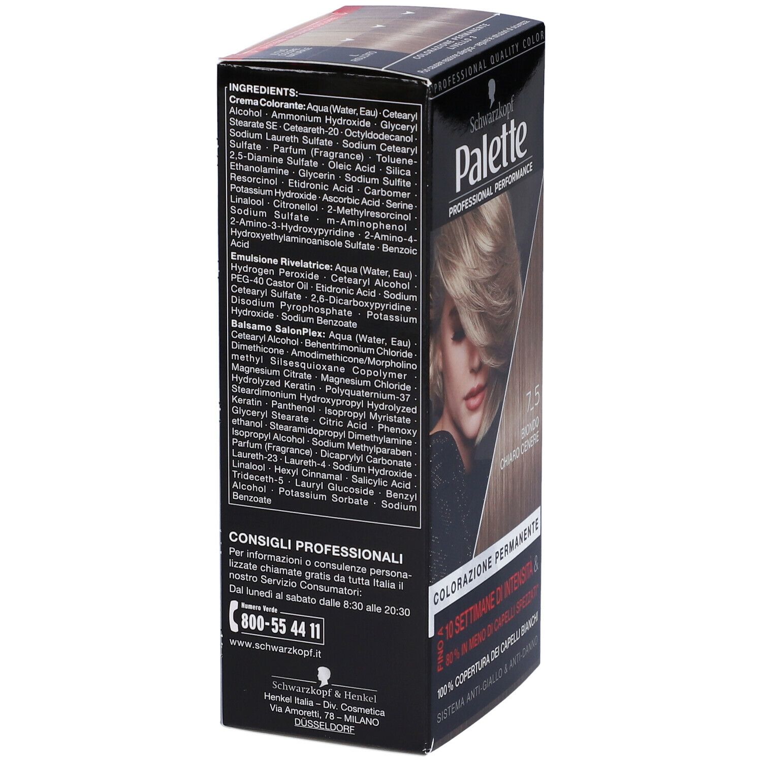 Schwarzkopf Palette 7-5 Biondo Chiaro Cenere. Retro della confezione con ingredienti e contatti.