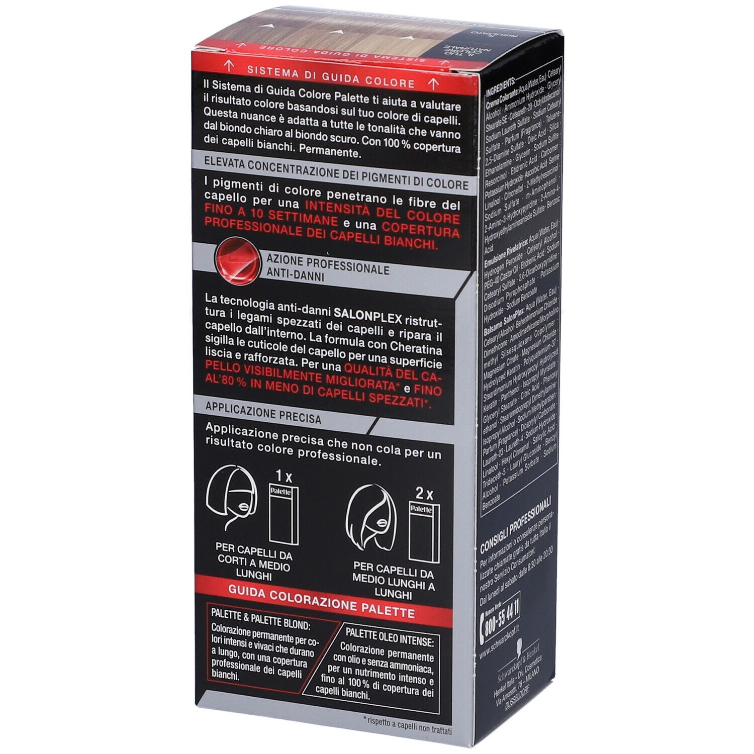 Schwarzkopf Palette 7-5 Biondo Chiaro Cenere. Retro della confezione con istruzioni per l'uso e risultati colore.