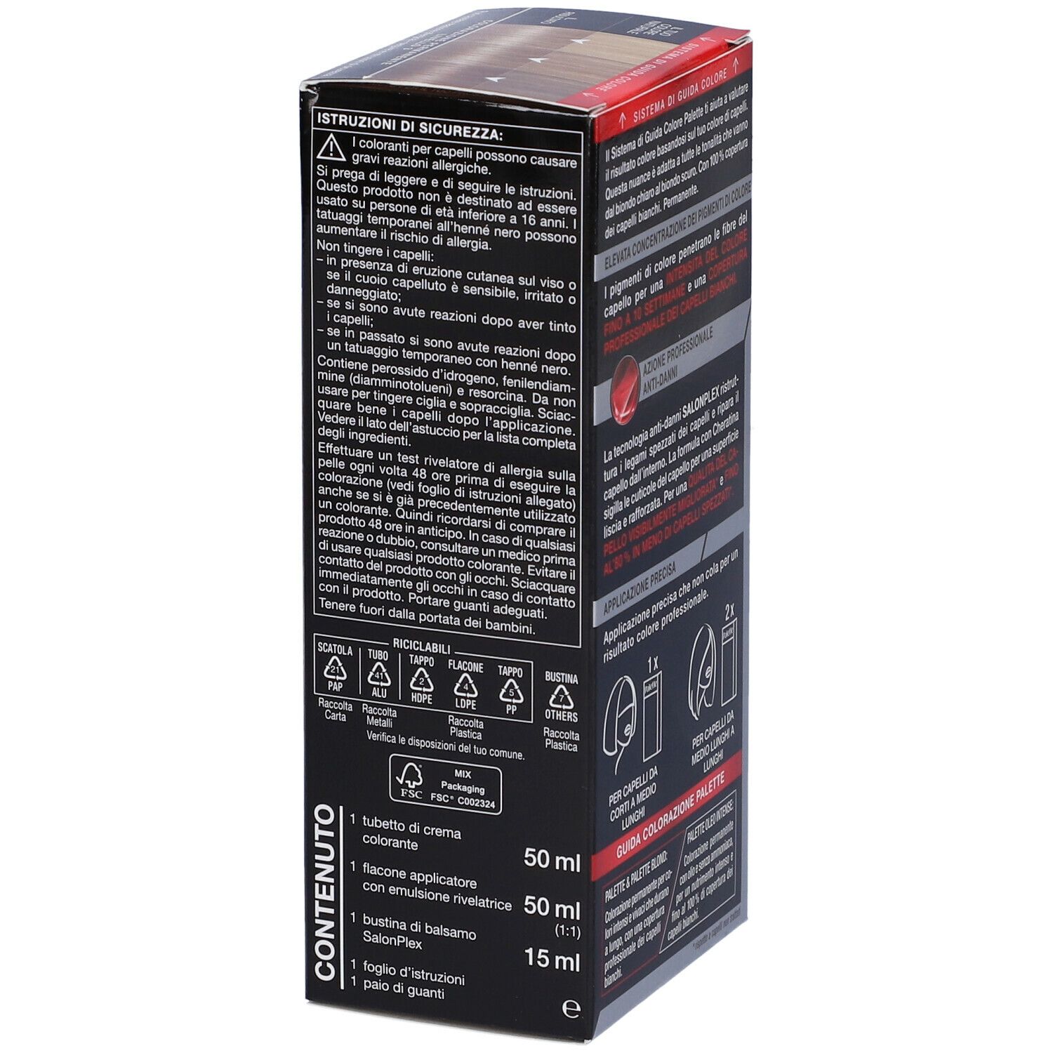 Schwarzkopf Palette 7-5 Biondo Chiaro Cenere. Retro della confezione con avvertenze di sicurezza e contenuto.