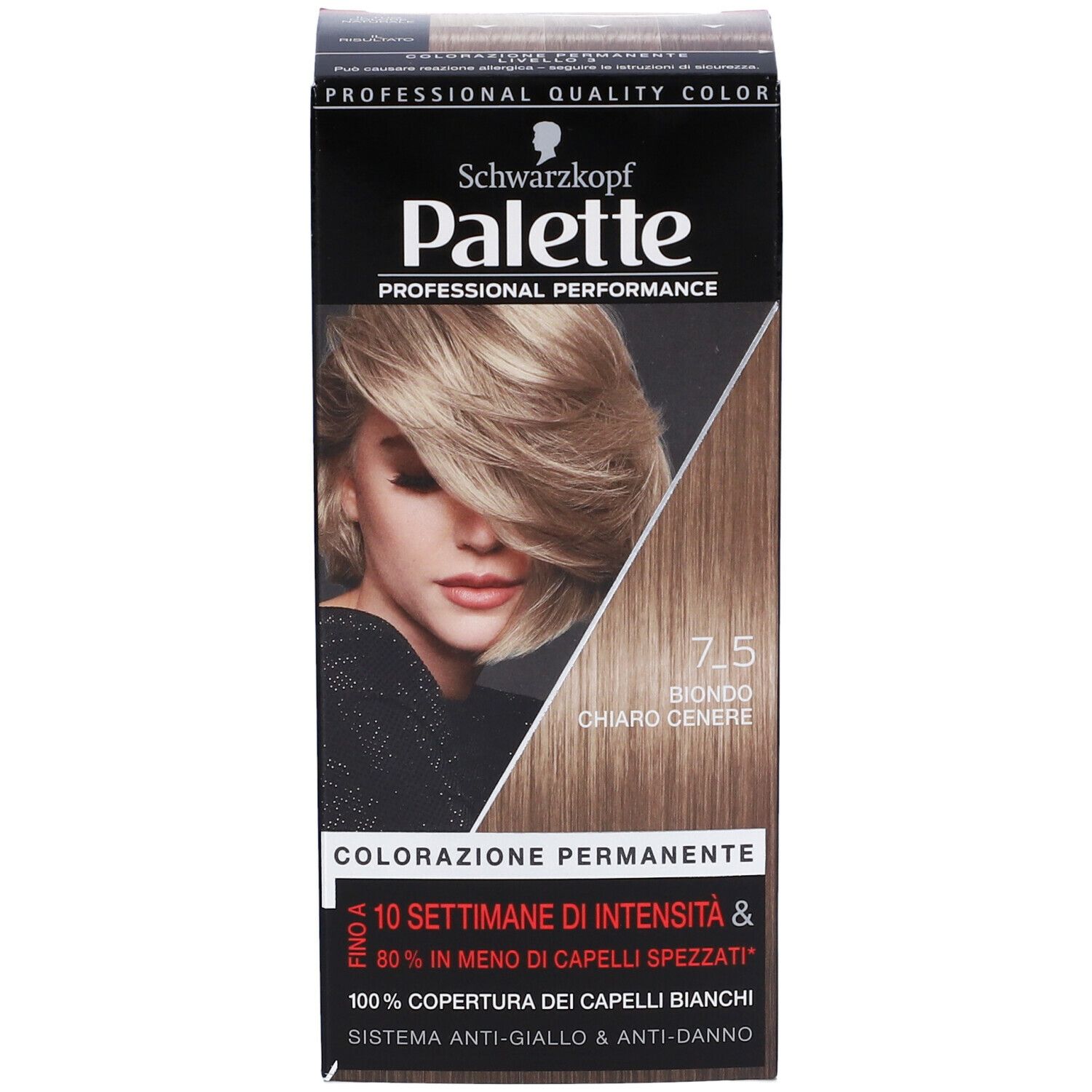 Schwarzkopf Palette 7-5 Biondo Chiaro Cenere. Confezione del prodotto con immagine e indicazione del colore.