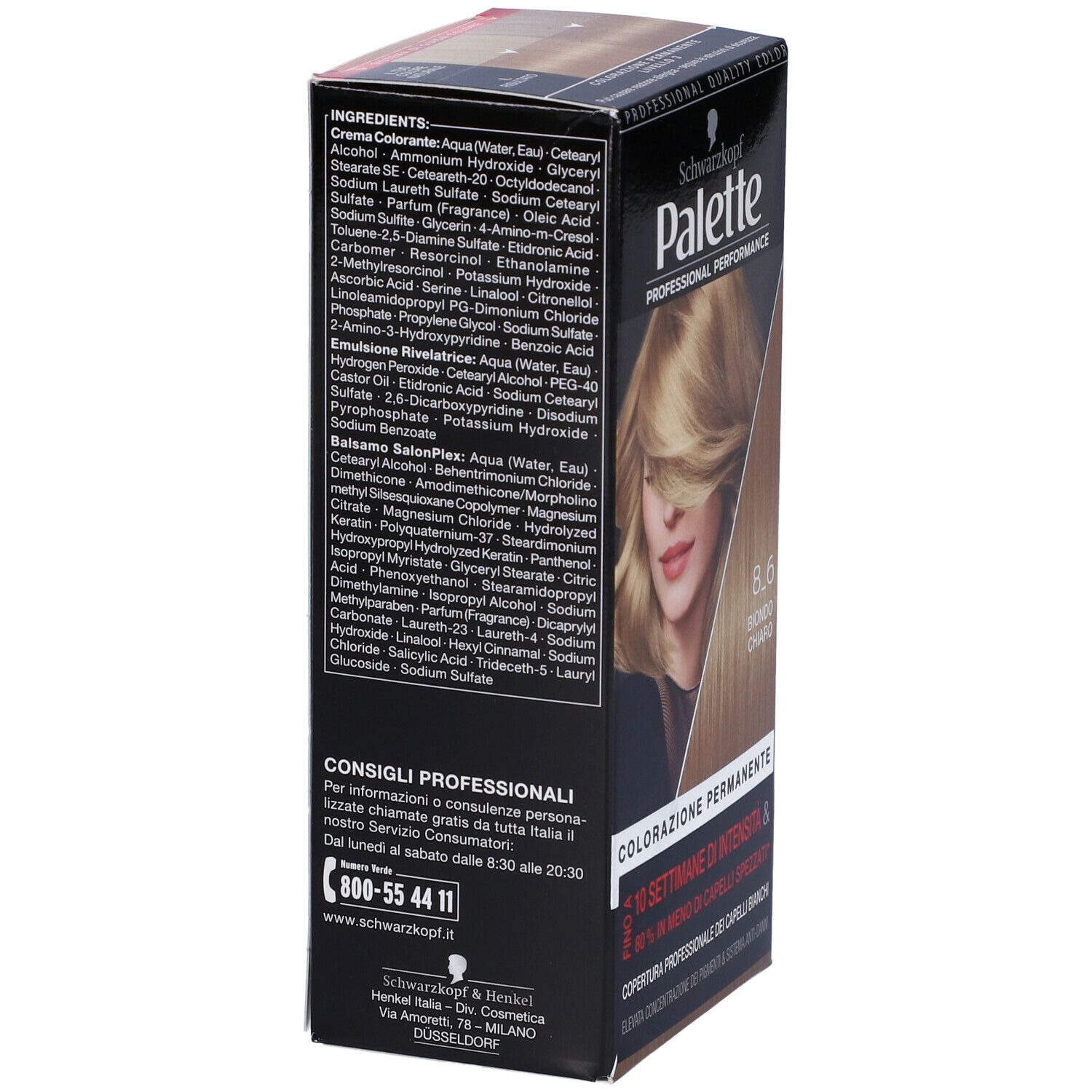 Retro confezione Schwarzkopf Palette 8-6 Biondo Chiaro. Ingredienti e contatti.