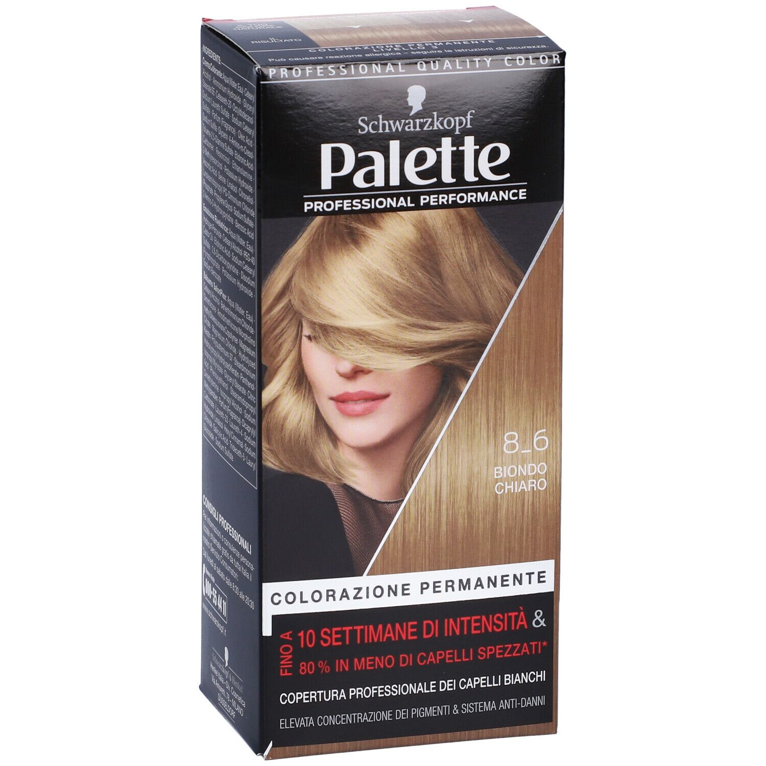 Confezione Schwarzkopf Palette 8-6 Biondo Chiaro. Immagine e indicazione del colore.