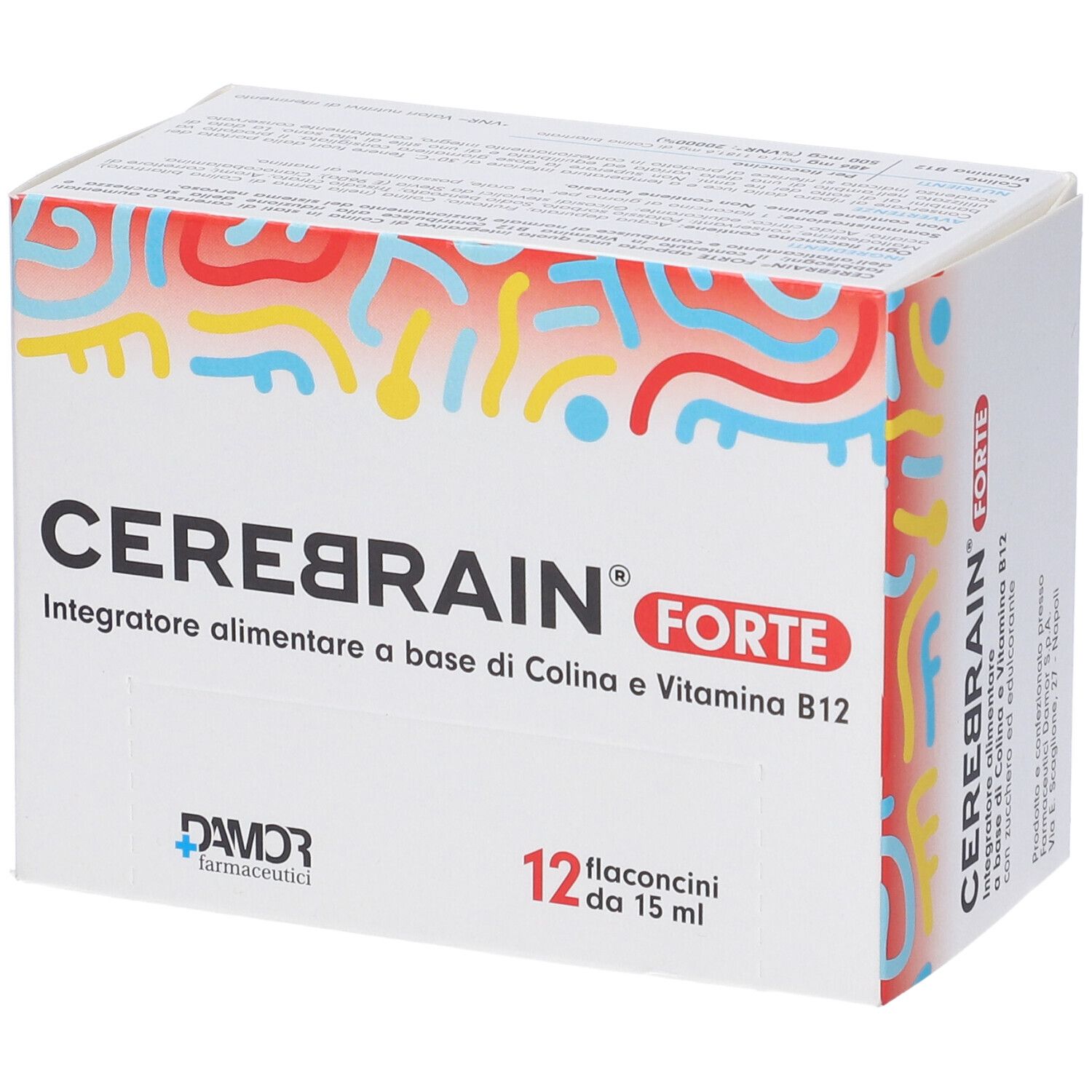 Weiße Schachtel mit CEREBRAIN FORTE, 12 Fläschchen. Marke DAMOR. Rotes, gelbes und blaues Muster oben.
