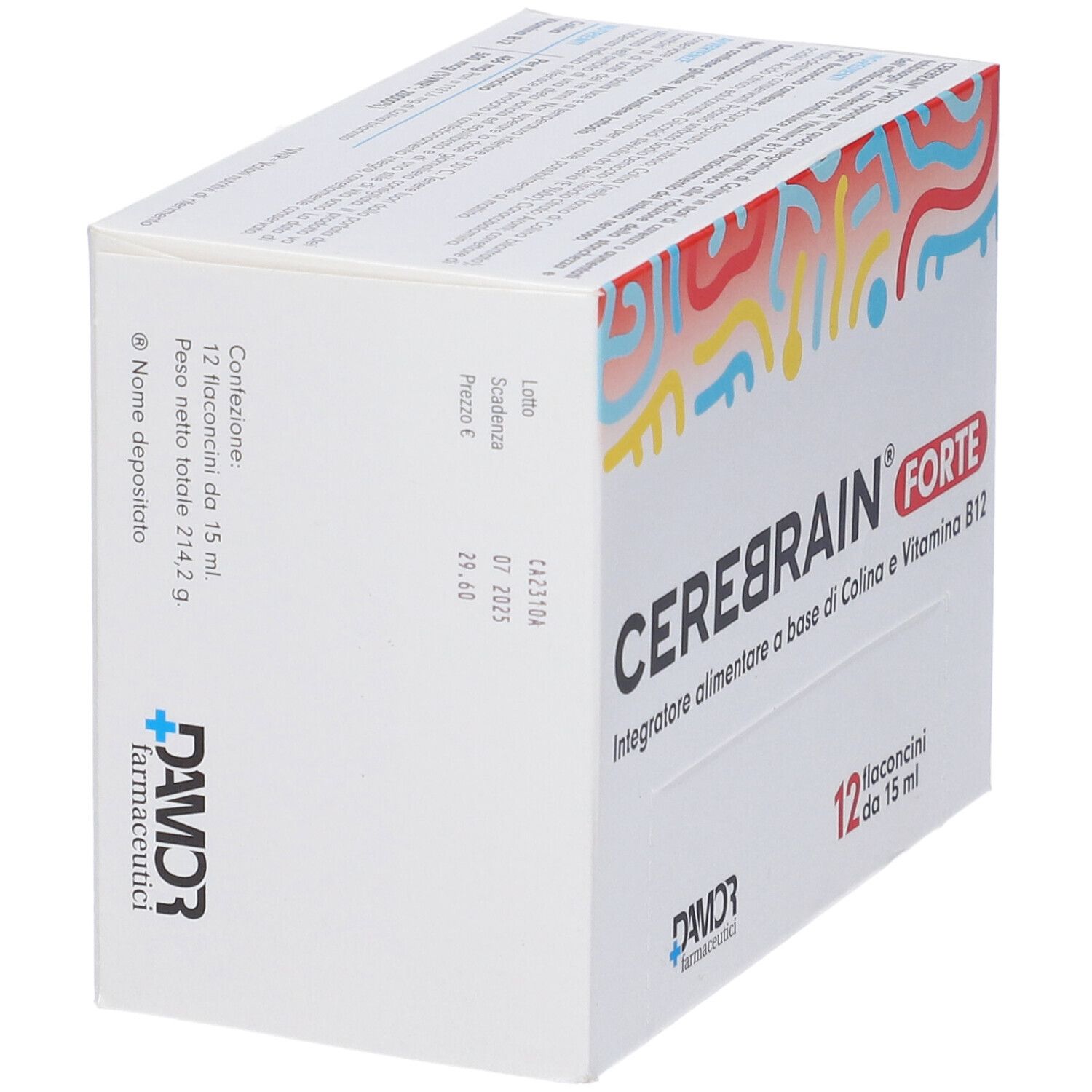 Weiße Schachtel mit CEREBRAIN FORTE. 12 Fläschchen. Marke DAMOR. Aufdruck mit Inhaltsangaben und Haltbarkeitsdatum.