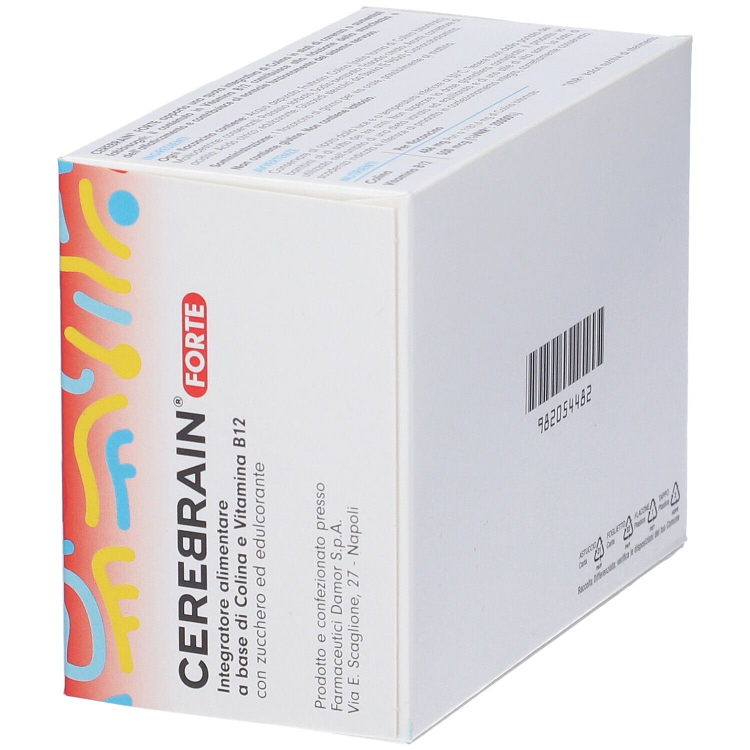 Weiße Schachtel mit CEREBRAIN FORTE. Marke DAMOR. Barcode und Informationen auf der Seite.