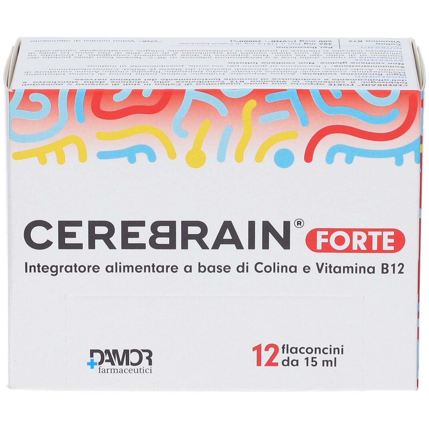 Weiße Schachtel mit CEREBRAIN FORTE. 12 Fläschchen. Marke DAMOR. Rotes, gelbes und blaues Muster.
