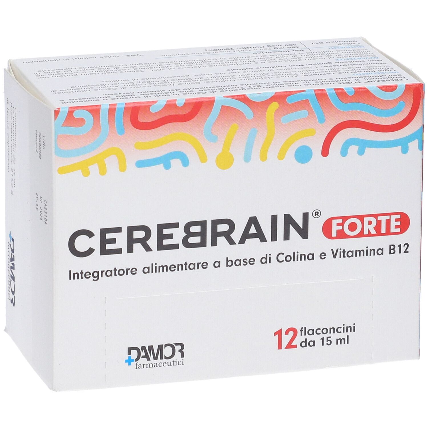 Weiße Schachtel mit CEREBRAIN FORTE. 12 Fläschchen. Marke DAMOR. Aufdruck mit Inhaltsangaben.