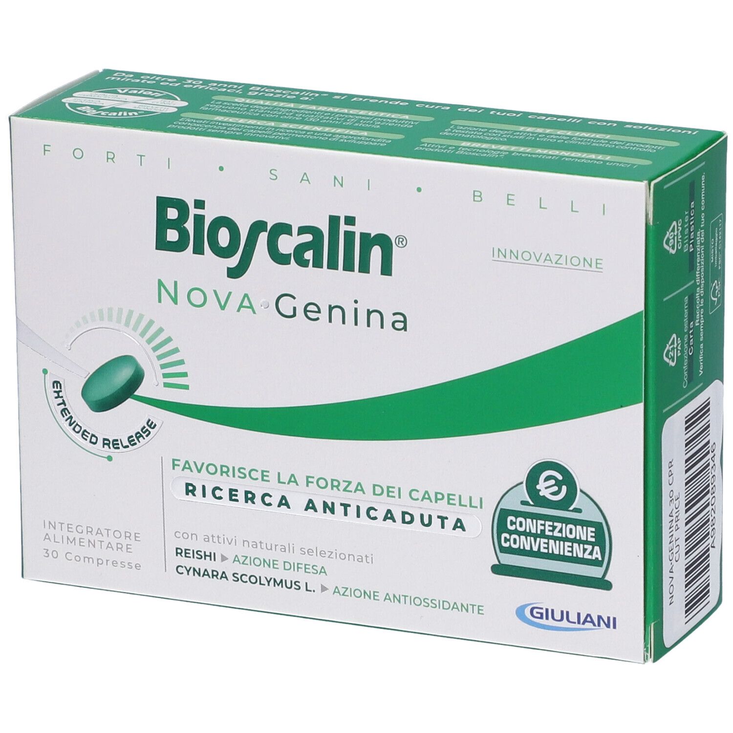 Scatola Bioscalin NOVA Genina. Confezione verde e bianca con nome e informazioni. Contiene un simbolo di convenienza.