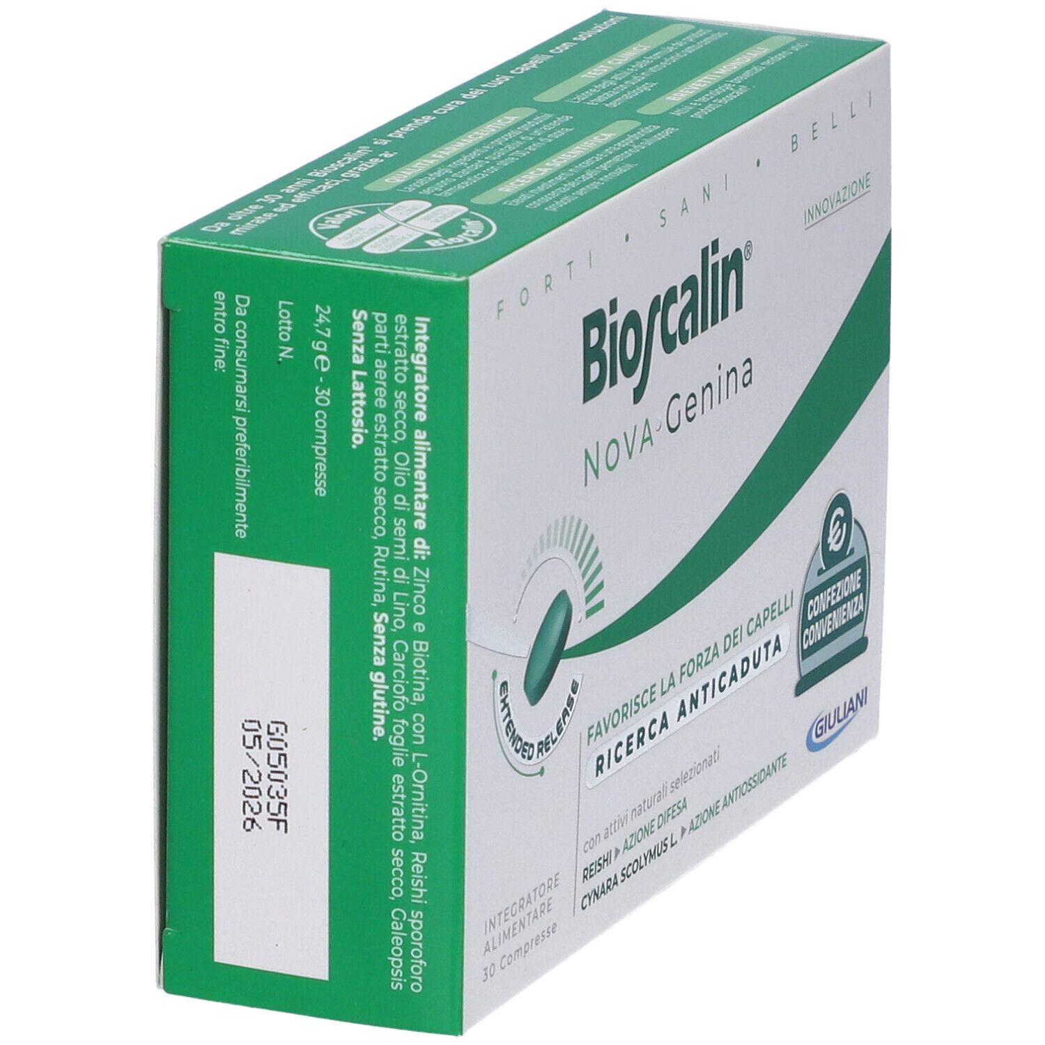 Scatola Bioscalin NOVA Genina. Retro con ingredienti e istruzioni per l'uso. Confezione verde e bianca.