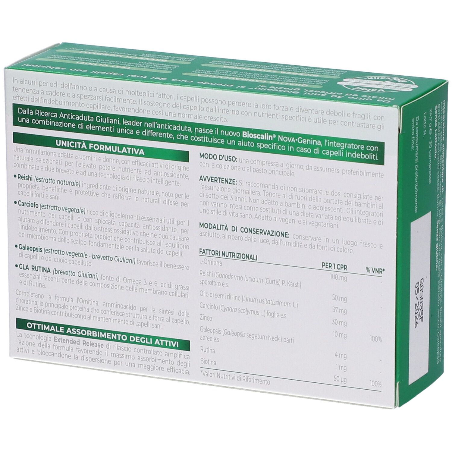 Retro della scatola Bioscalin NOVA Genina. Contiene ingredienti, istruzioni e informazioni nutrizionali.