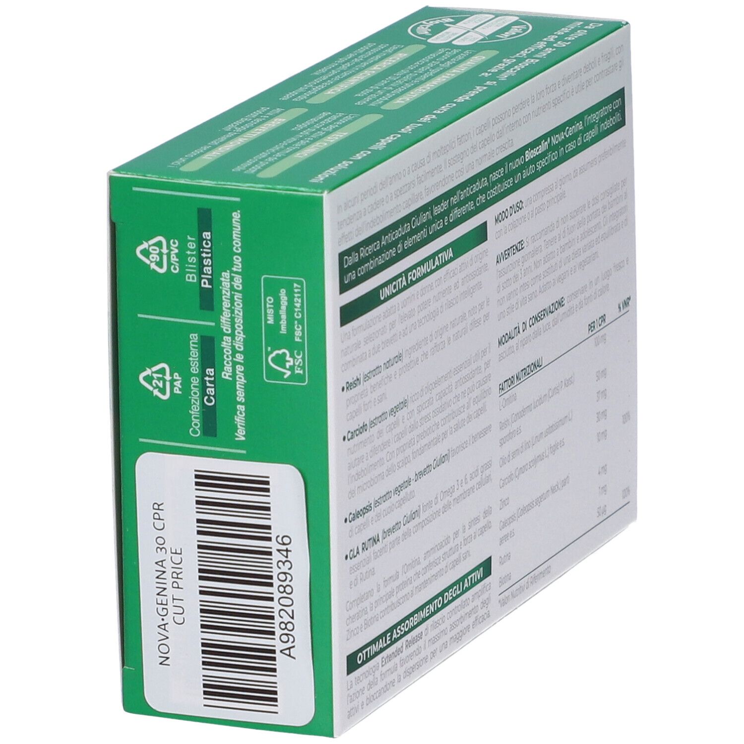 Scatola Bioscalin NOVA Genina. Retro con informazioni, codice a barre e simboli di riciclaggio. Verde e bianco.