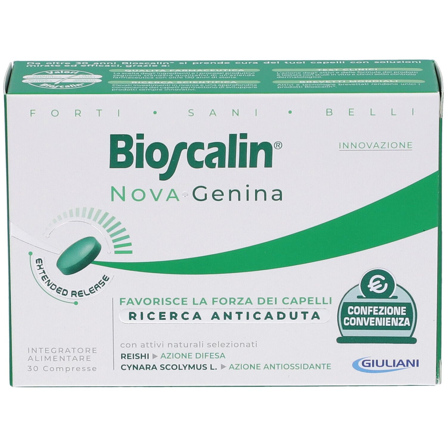 Scatola Bioscalin NOVA Genina. Confezione verde e bianca con nome e informazioni. 30 compresse.