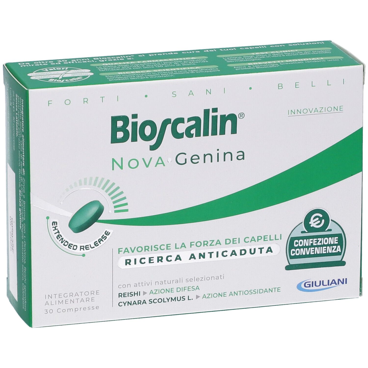 Scatola Bioscalin NOVA Genina. Confezione verde e bianca con nome e informazioni. 30 compresse.