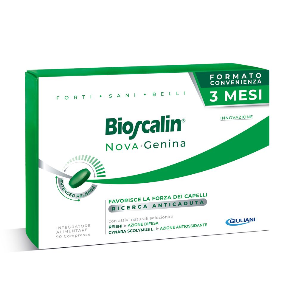Bioscalin® NOVA Genina, confezione 3 mesi. Scatola bianca e verde. Contiene 90 compresse. Scritto: « Forti, Sani, Belli ».
