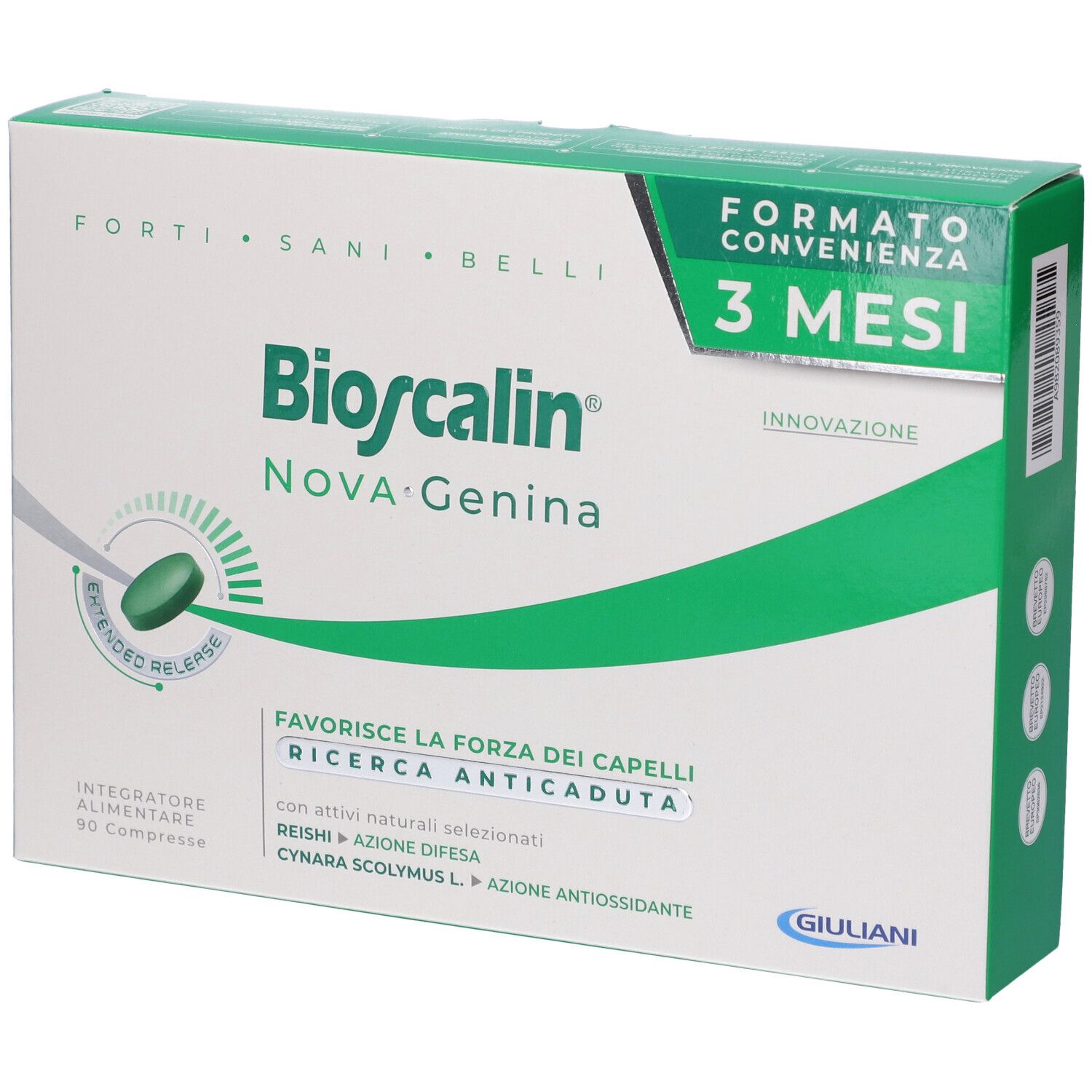 Bioscalin® NOVA Genina, confezione 3 mesi. Scatola bianca e verde. Contiene 90 compresse. Scritto: « Forti, Sani, Belli ».