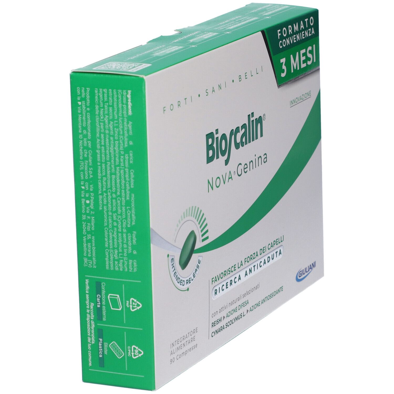 Bioscalin® NOVA Genina, confezione 3 mesi. Scatola bianca e verde. Contiene 90 compresse. Scritto: « Forti, Sani, Belli ».