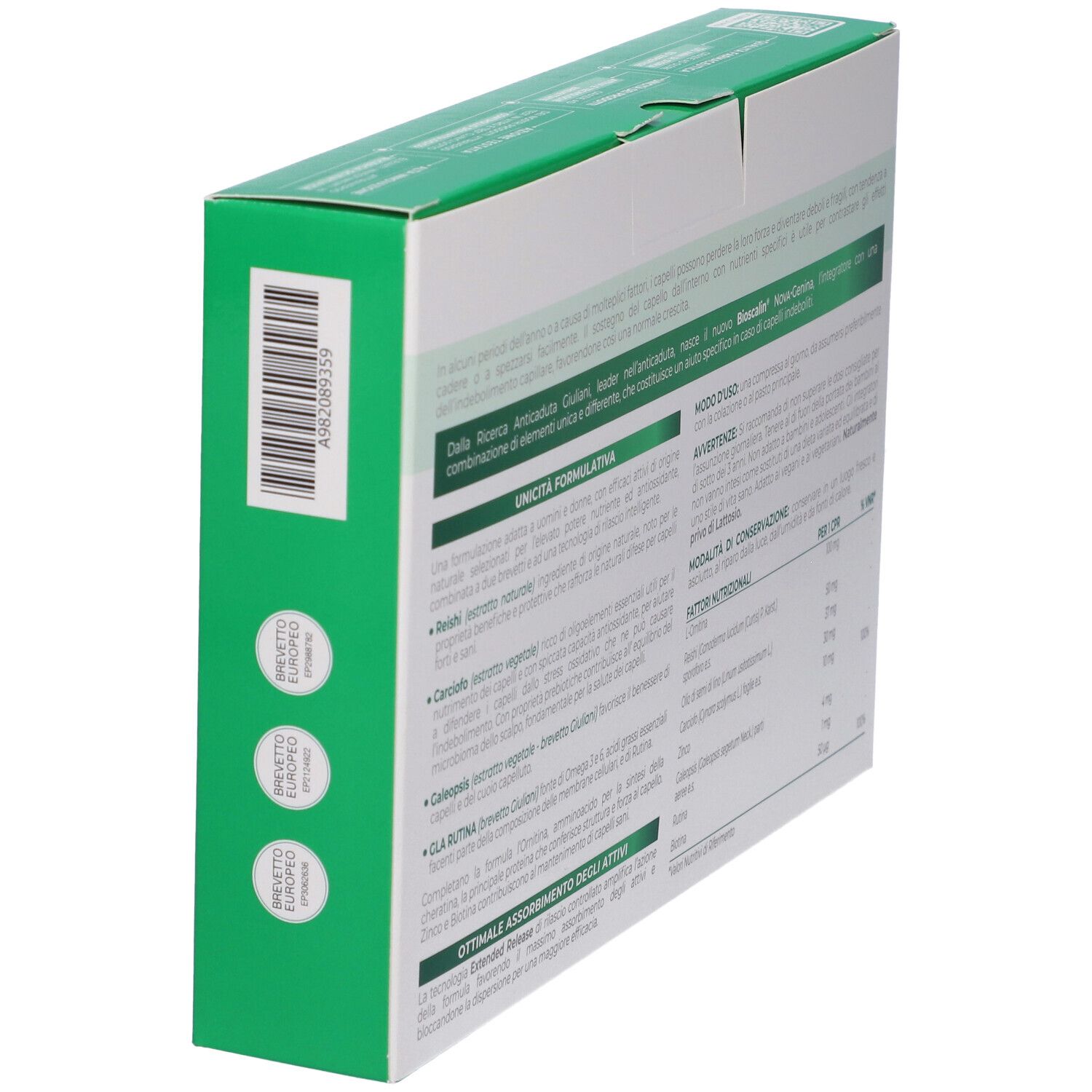 Vista laterale della confezione Bioscalin® NOVA Genina. Informazioni testuali e loghi. Colori verde e bianco.
