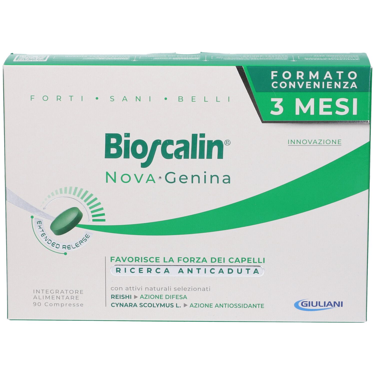 Bioscalin® NOVA Genina, confezione 3 mesi. Scatola bianca e verde. Contiene 90 compresse. Scritto: « Forti, Sani, Belli ».