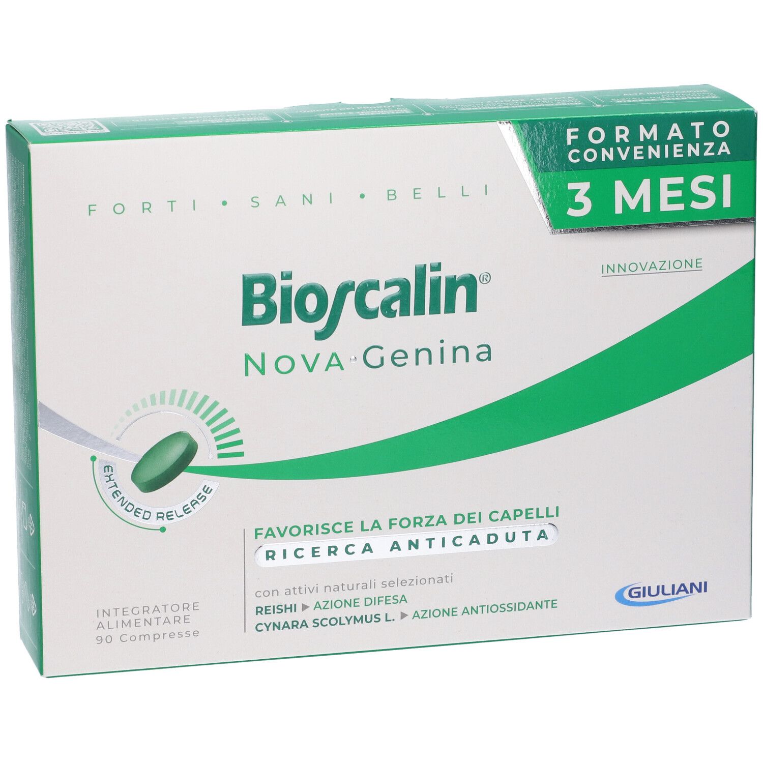Bioscalin® NOVA Genina, confezione 3 mesi. Scatola bianca e verde. Contiene 90 compresse. Scritto: « Forti, Sani, Belli ».