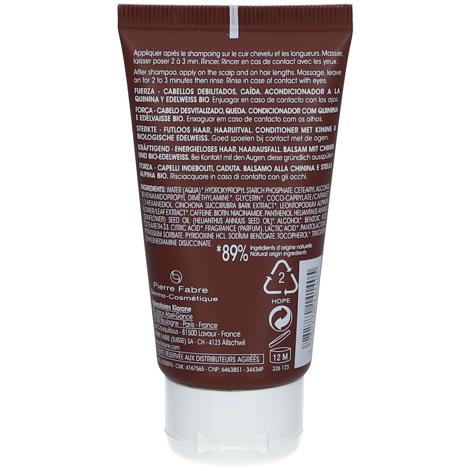 Retro del tubo. Testo, ingredienti, simbolo di riciclaggio, simbolo 12M, 89% ingredienti di origine naturale.
