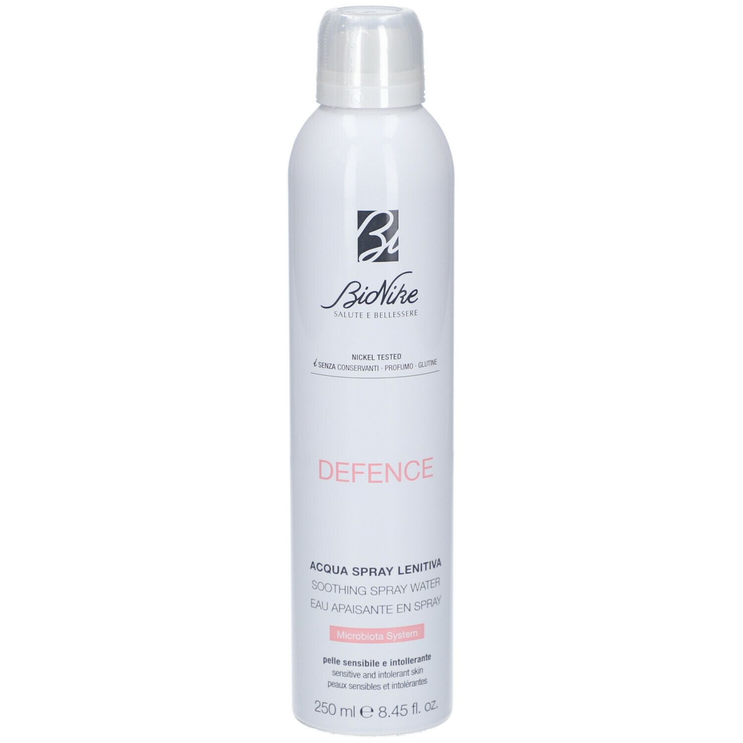 Flacone spray bianco con logo Bionike e scritta DEFENCE. Contiene 250 ml. Testo in italiano e francese.