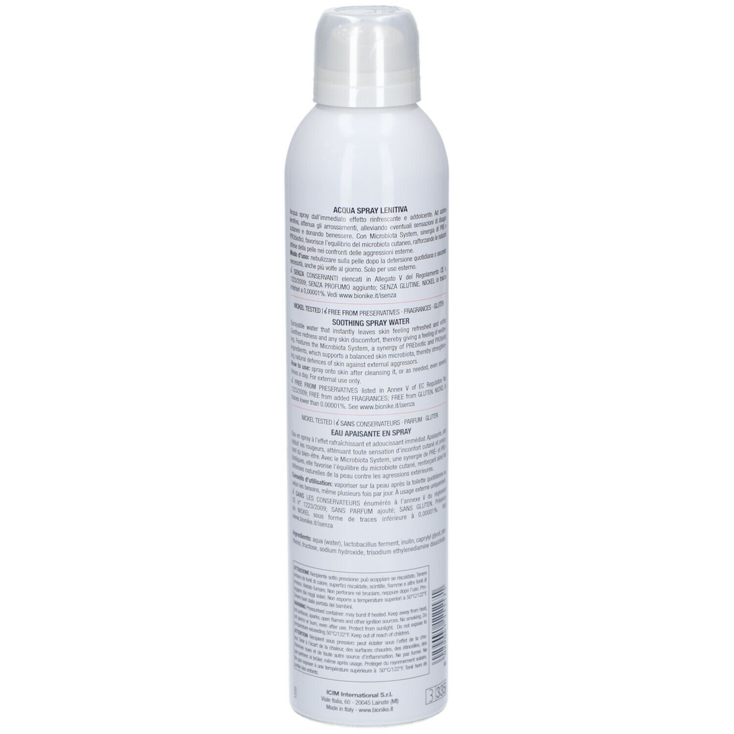 Flacone spray bianco con logo Bionike e scritta DEFENCE. Contiene 250 ml. Testo in italiano e francese.