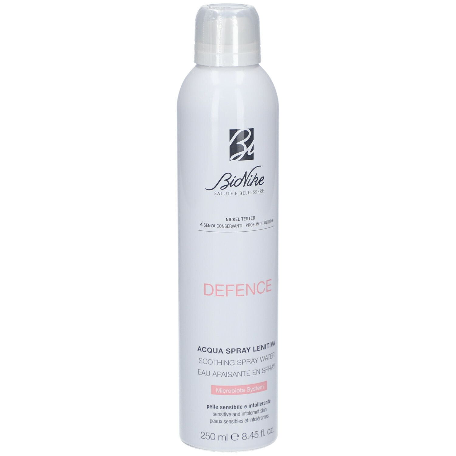 Flacone spray bianco con logo Bionike e scritta DEFENCE. Contiene 250 ml. Testo in italiano e francese.