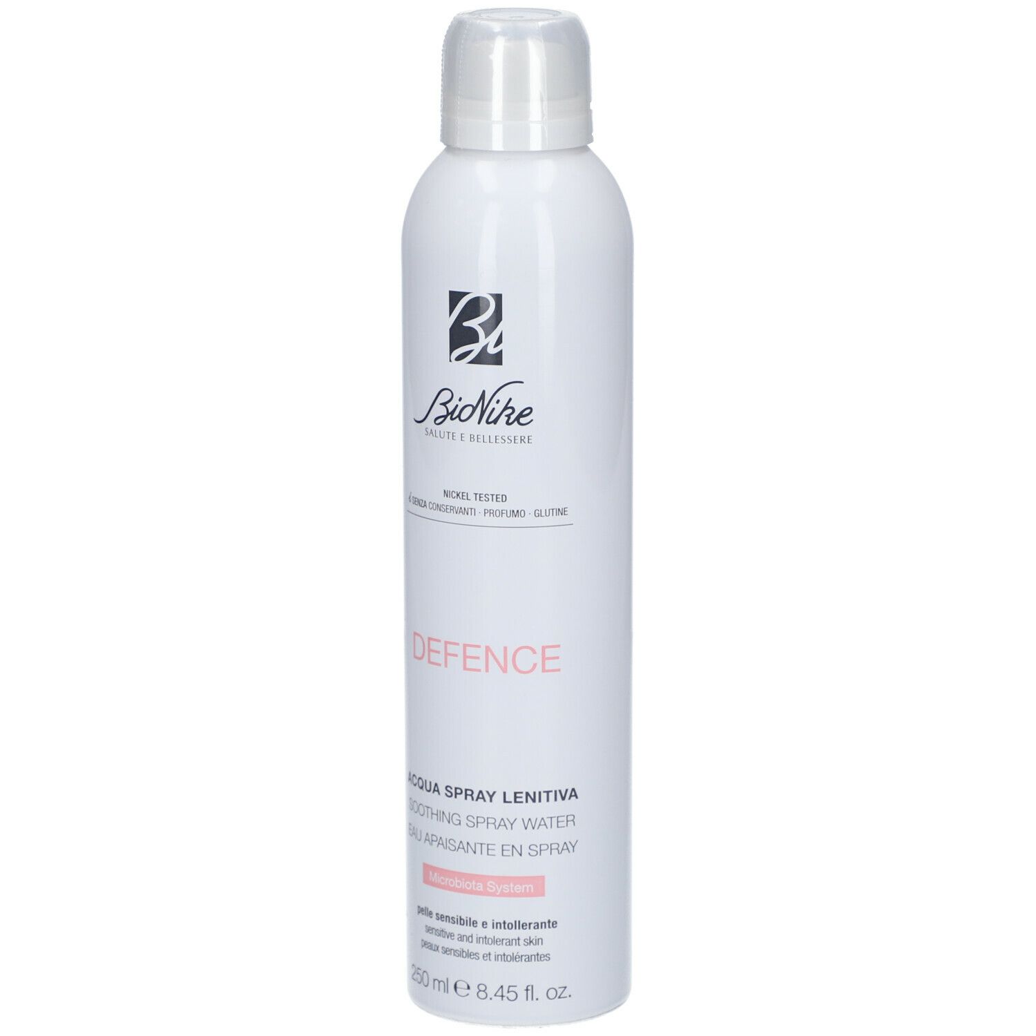 Flacone spray bianco con logo Bionike e scritta DEFENCE. Contiene 250 ml. Testo in italiano e francese.