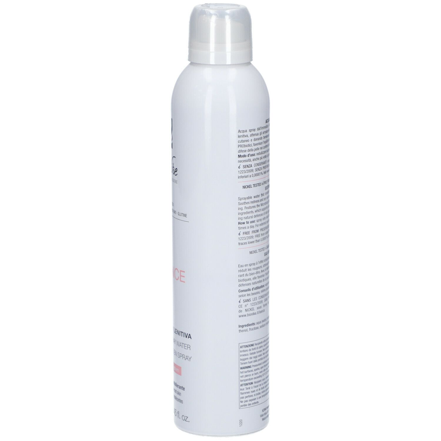 Flacone spray bianco con logo Bionike e scritta DEFENCE. Contiene 250 ml. Testo in italiano e francese.