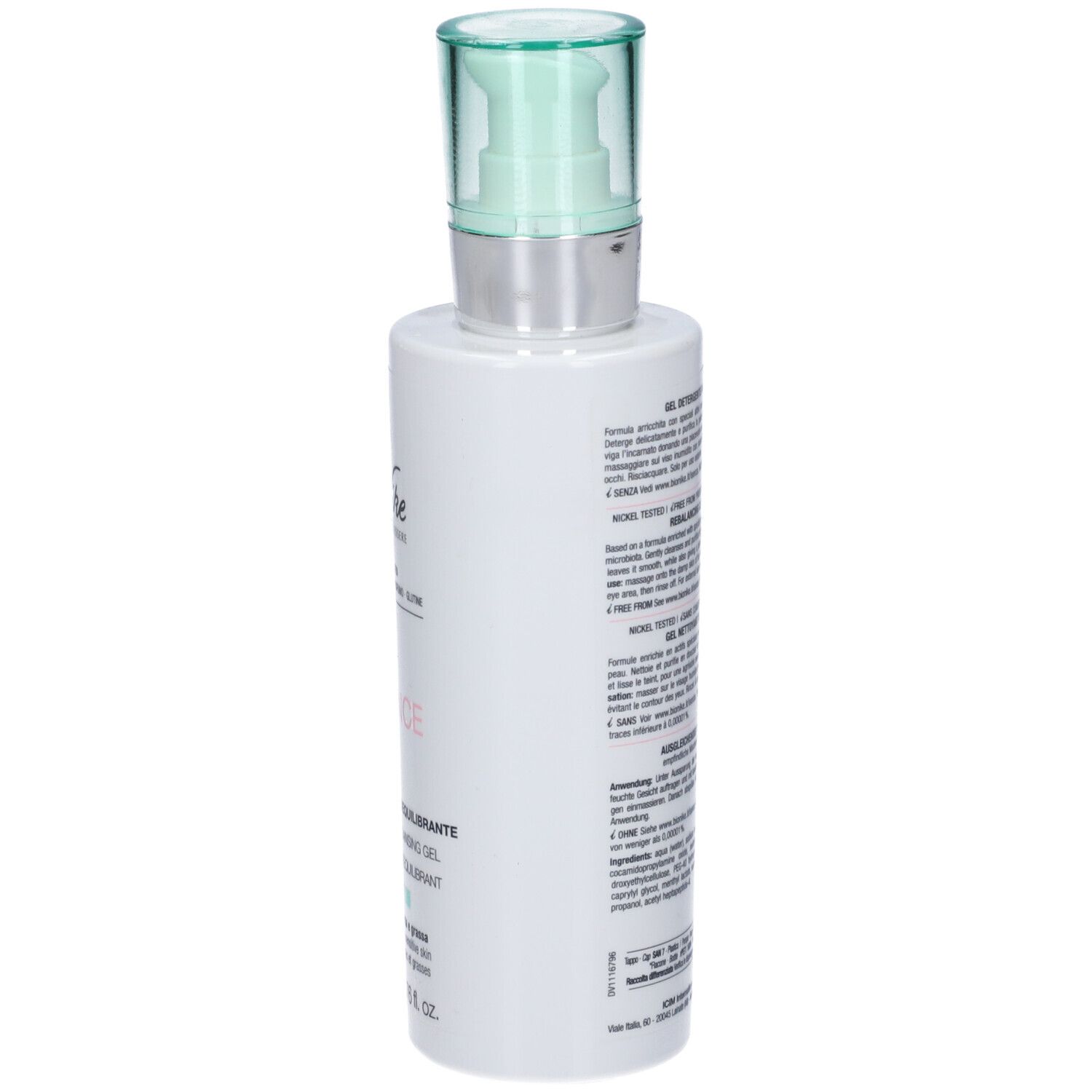 Weiße Flasche mit Pumpspender und durchsichtigem grünen Deckel. Enthält Text und Etiketten.